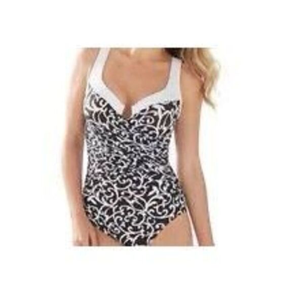 Miraclesuit 6 One Piece Swimsuit Colorblock Baroque Scroll Print Black Shaping - Picture 3 of 10